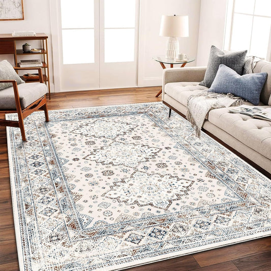 Washable Area Rug 10x14 Retro Flowers Boho Design Non-Shedding Easy Care Ideal for High Traffic Areas in Living Room Bedroom Office Coffee Table Kitchen Large Carpet