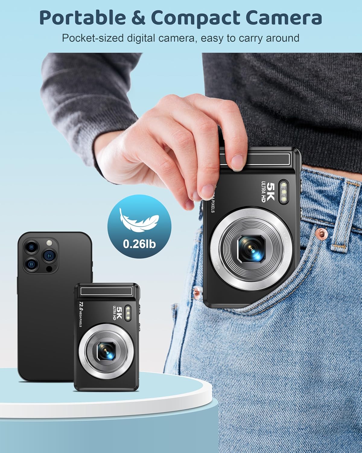 5K Digital Camera - 72MP UHD Digital Cameras for Photography - Autofocus Point and Shoot Small Camera with Flash for Kids - 2.8 Inch Screen Compact Portable Vlogging Camara with 16X Zoom, 32GB SD Card