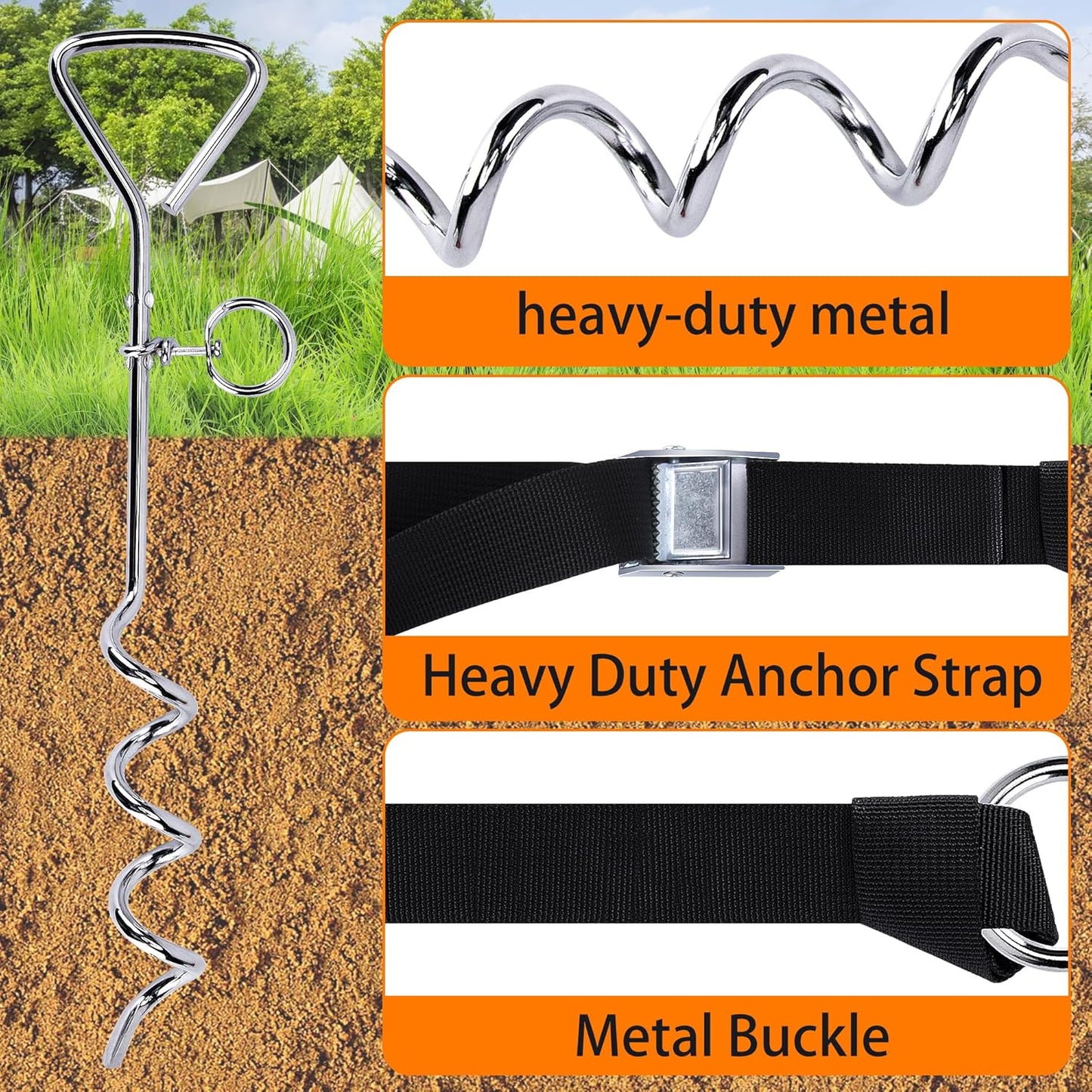 RunNico Basketball Goal Anchor, Heavy Duty Basketball Hoop Tie Down Kit, Court Setup Ground Stakes with Adjustable Straps for Basketball Mounting Trampoline Swing Tent