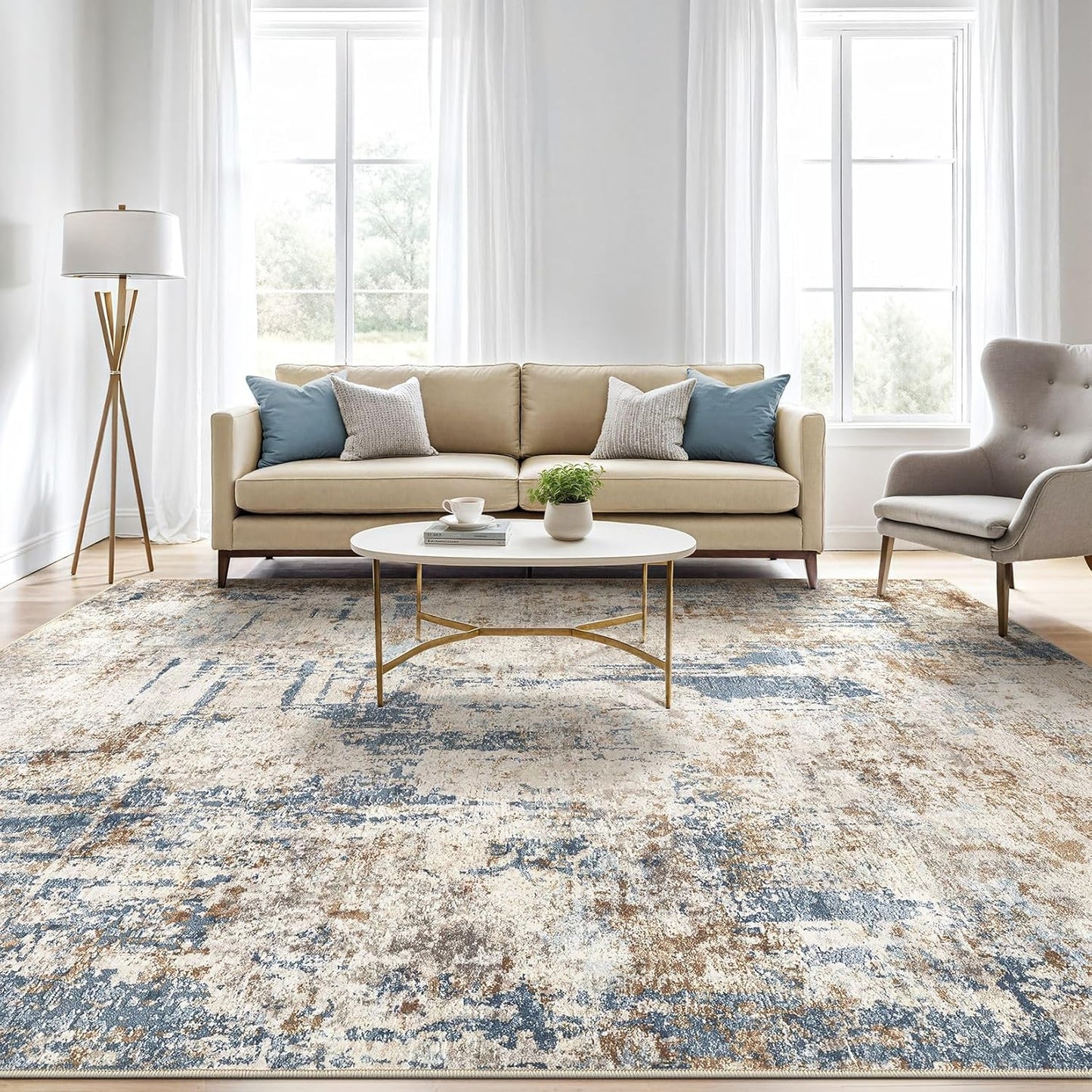 8x10 Area Rugs Washable Rug: Large Abstract Modern Soft Stain Resistant Indoor Floor Non Slip Accent Carpet for Living Room Bedroom Nursery Playroom Office Dining Room Dorm Home House Decor- Tan