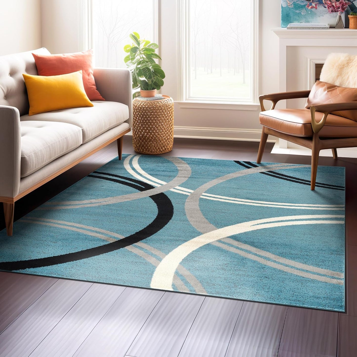 Rugshop Modern Wavy Circles Design Square Area Rug 6'6" x 6'6" Blue