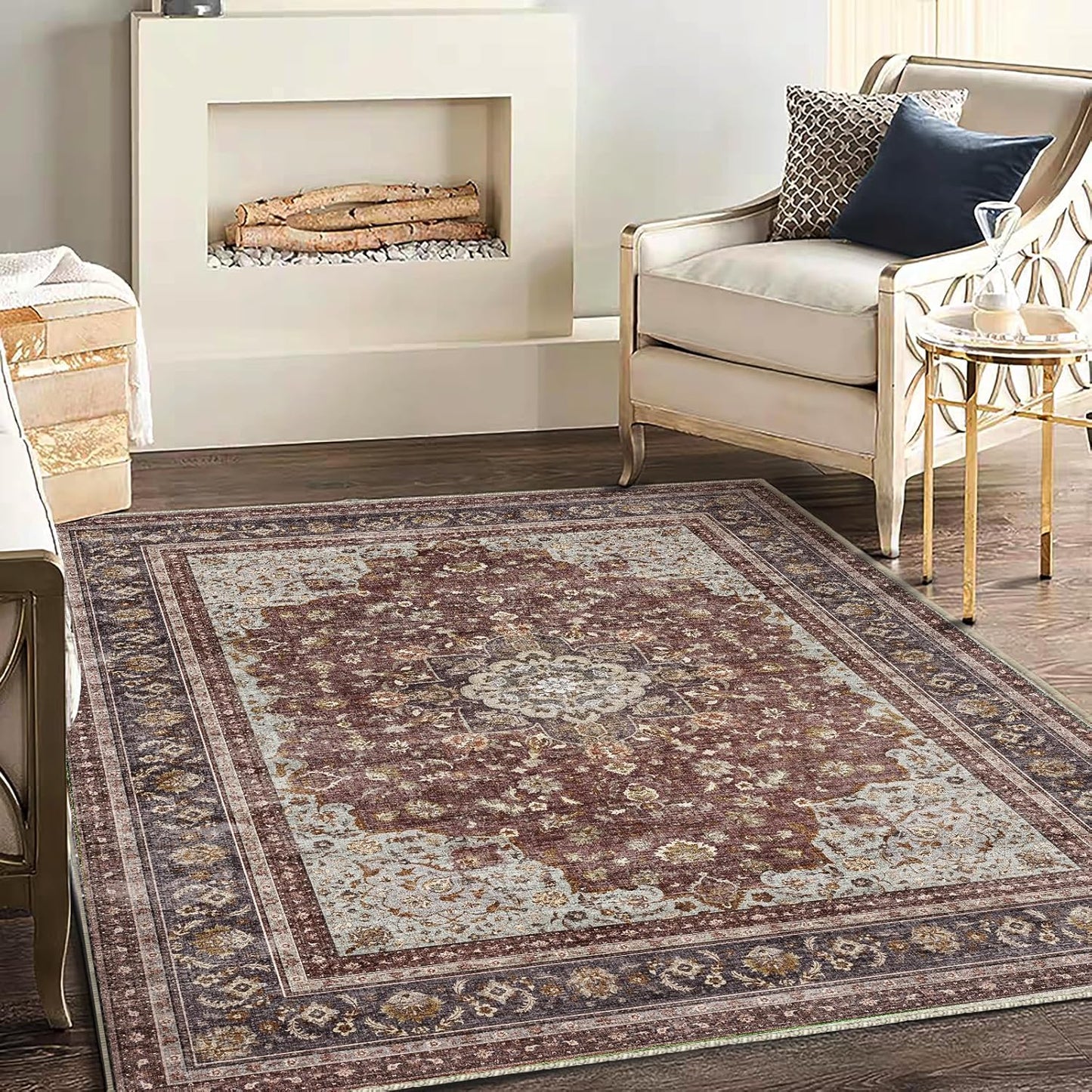 Area Rug 5'x7' Washable Rug Traditional Floor Cover Thin Retro Kitchen Indoor Distressed Non Slip Carpet for Living Room Bedroom Dining Room