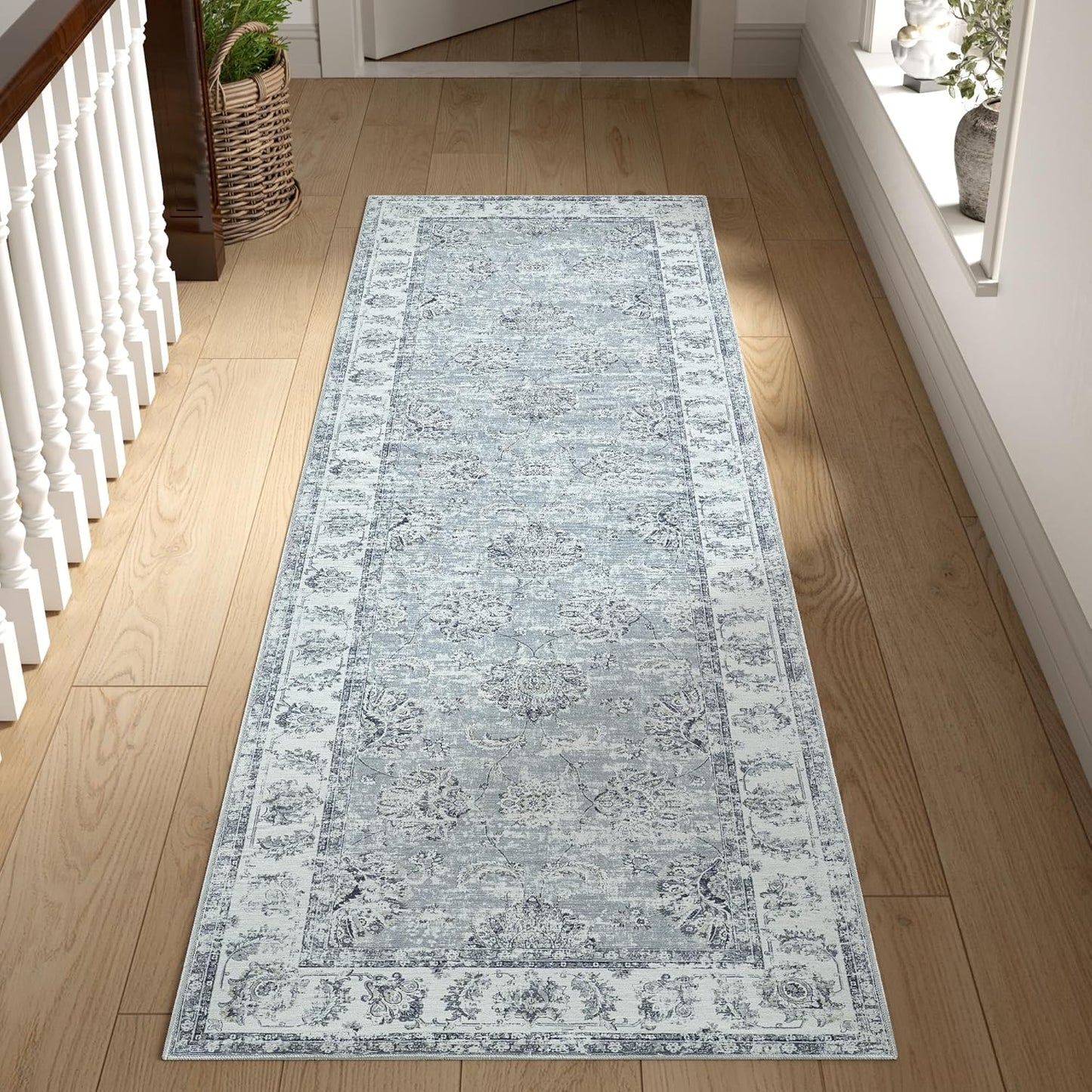 jinchan Runner Rug 2x5 Washable Hallway Runner- Vintage Floral Non Slip Low-Pile Soft Thin Kitchen Rug Distressed Carpet for Farmhouse Bedroom Entryway Laundry Room(2x5ft,Grey)