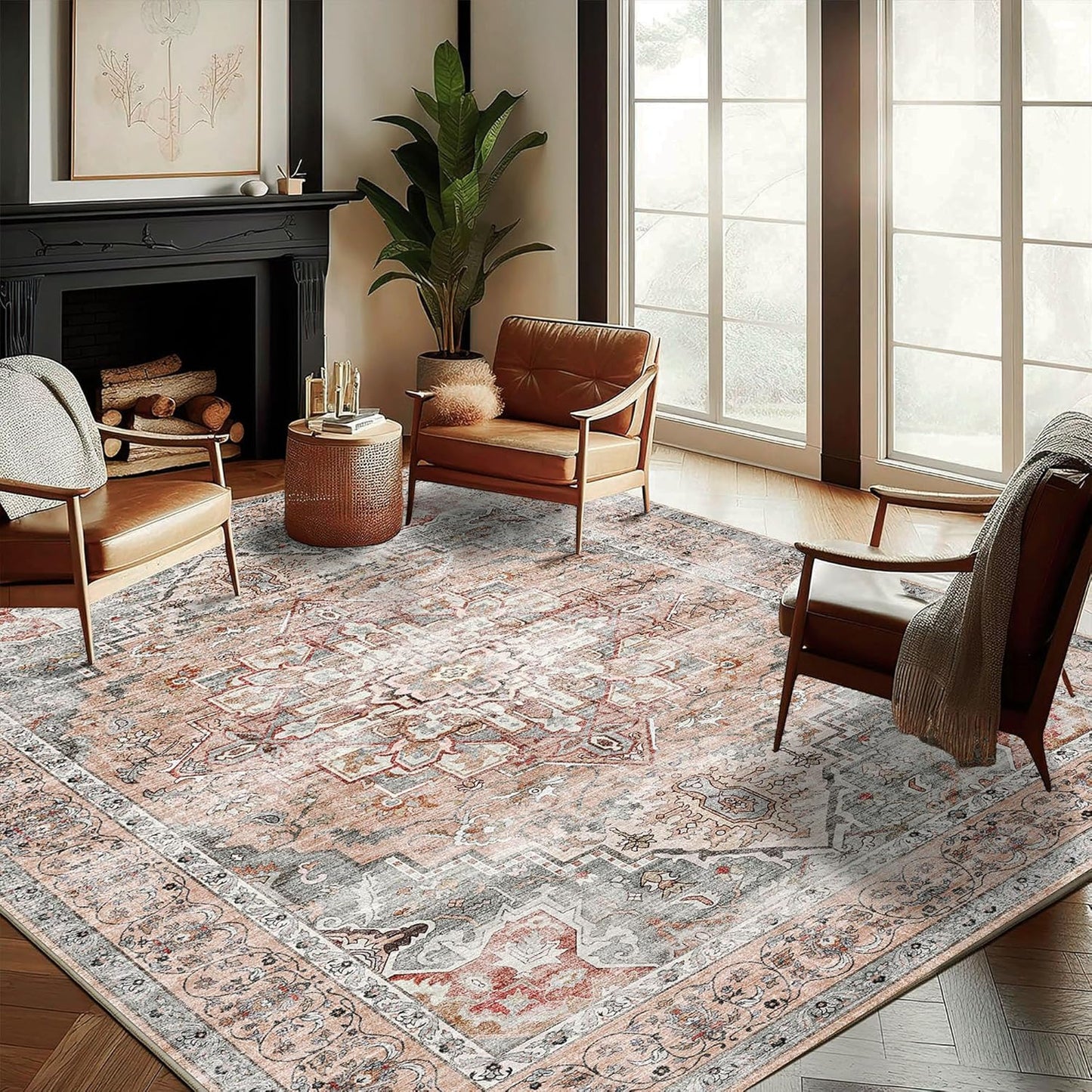 Washable Area Rug 8'x10' Light Cyan and Light red Retro Boho Design Non-Shedding Non-Slip Easy Care Ideal for High Traffic Areas in Living Room Bedroom Office Kitchen Large Carpet
