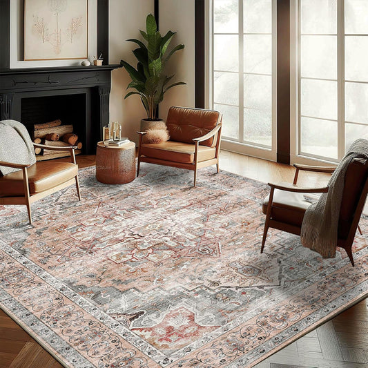Washable Area Rug 9'x12' Light Cyan and Light red Retro Flowers Boho Design Non-Shedding Easy Care Ideal for High Traffic Areas in Living Room Bedroom Office Kitchen Large Carpet