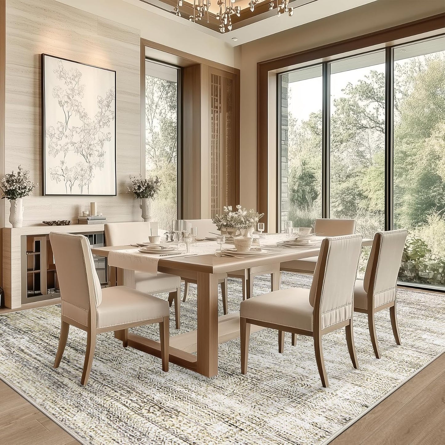 9x12 Area Rug Living Room Rugs - Washable Rug Large Modern Abstract Soft Thin Carpets Indoor Floor No Slip Vintage Carpet for Bedroom Under Dining Table Nursery Home Office Decor Nature