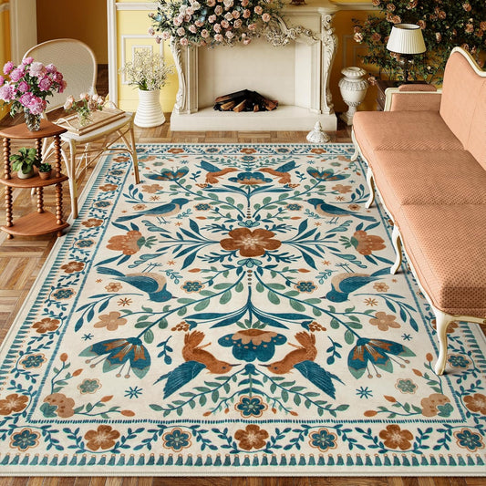 Moynesa Boho Bird Area Rugs 8x10 Rugs for Living Room, Low-Pile Soft Jungle Floral Bedroom Rug Washable Rugs 8x10, Beige Rug Indoor Floor Carpet for Nursery Playroom Dining Room