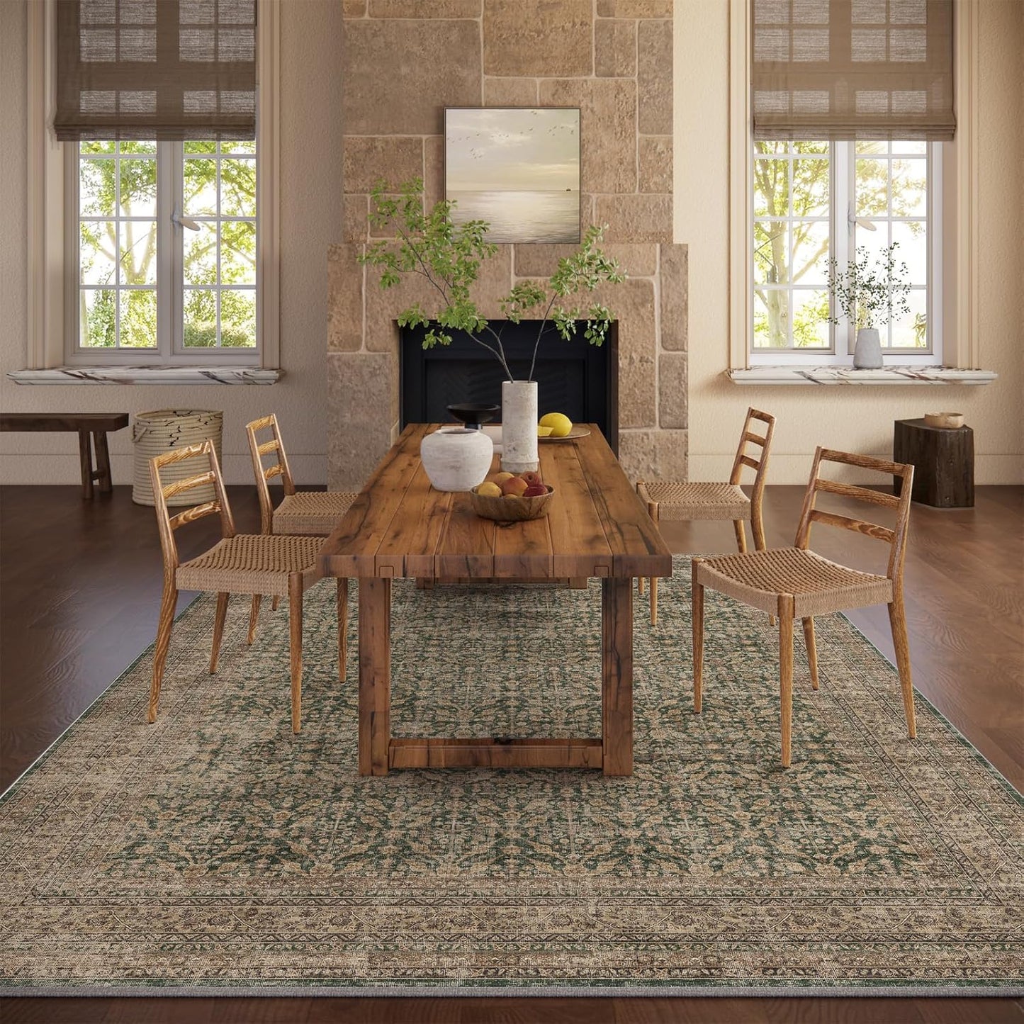 Machine Washable Rugs for Living Room: 5x7 Area Rugs Boho Vintage Rugs Stain Resistant Non Slip Low Pile Soft Lightweight Carpet for Bedroom Kitchen Dining Room Nursery Kids Room Farmhouse