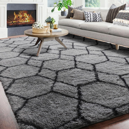 ONASAR 8x10 Area Rugs for Living Room, Fluffy Grey and Black Bedroom Rug, Washable Geometric Boho Large Soft Plush Shaggy Fuzzy Floor Carpet for Nursery Kids Classroom Playroom Dorm Home Decor