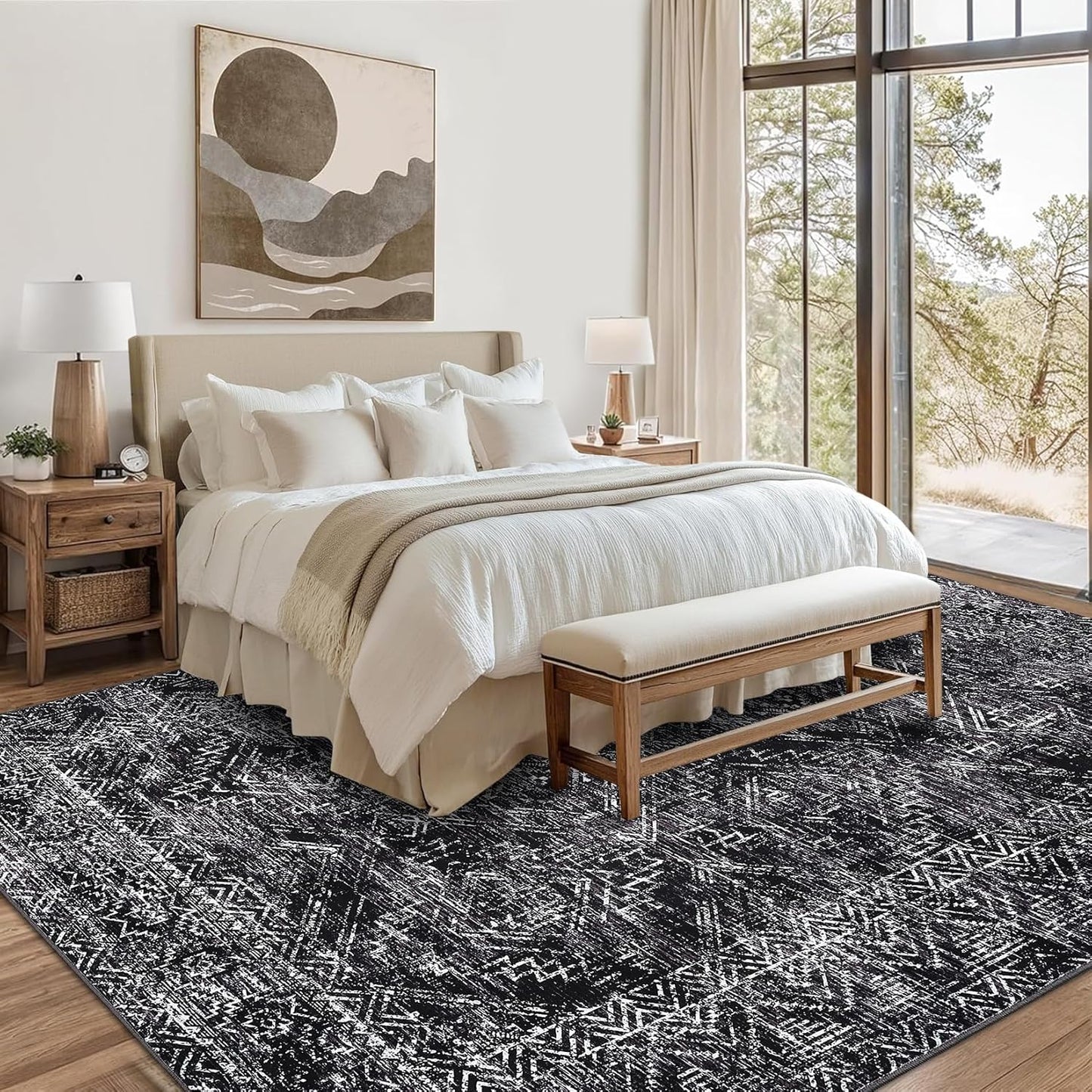 COZYLOOM Black Rug for Living Room 9x12 Machine Washable Area Rugs Modern Abstract Door Mats Non Slip Stain Resistant Geometric Accent Carpet for Bedroom, Dining Room, Nursery