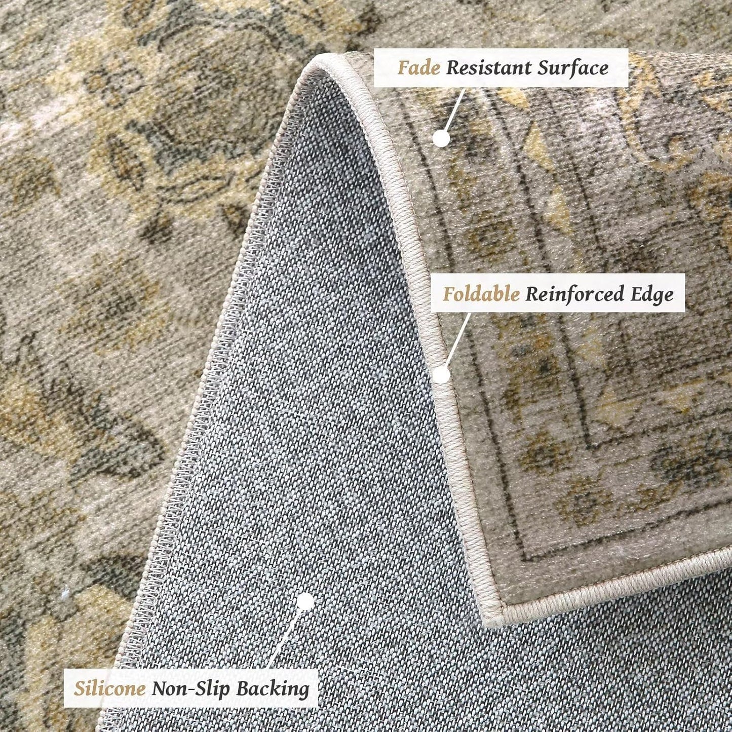 Washable 3x5 Entryway Rug Indoor, Boho Non-Slip Silicone Backing Small Rugs for Kitchen Nursery Office Bedroom, 0.3" Neutral Oriental Throw Carpet with 0.16" Cushioning Pad, Light Brown/Multi