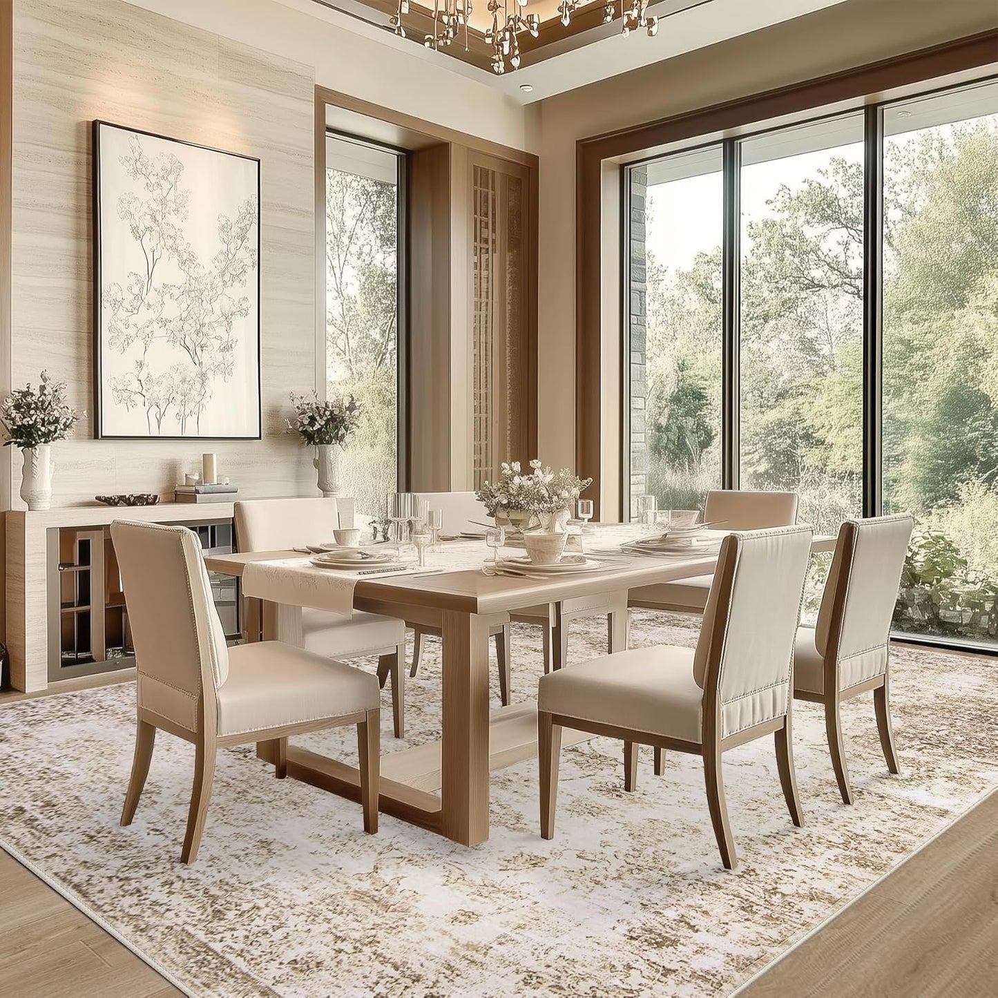 6x9 Area Rug Living Room Rugs - Washable Rug Large Modern Abstract Soft Thin Carpets Indoor Floor No Slip Vintage Carpet for Bedroom Under Dining Table Nursery Home Office Decor Beige