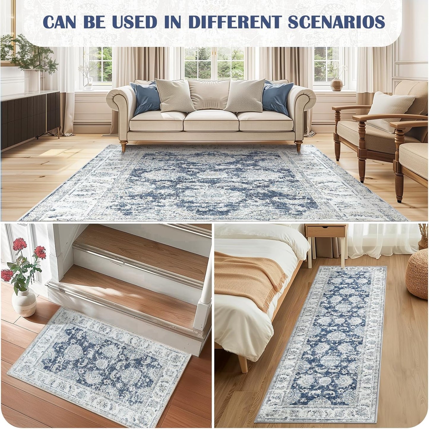 jinchan Runner Rug 3x10-2pcs Kitchen Washable Vintage Hallway Rug Floral Print Floor Cover Indoor Thin Retro Mat Accent for Bathroom Laundry Room Bedroom Office Farmhouse (Double,Dark Blue)