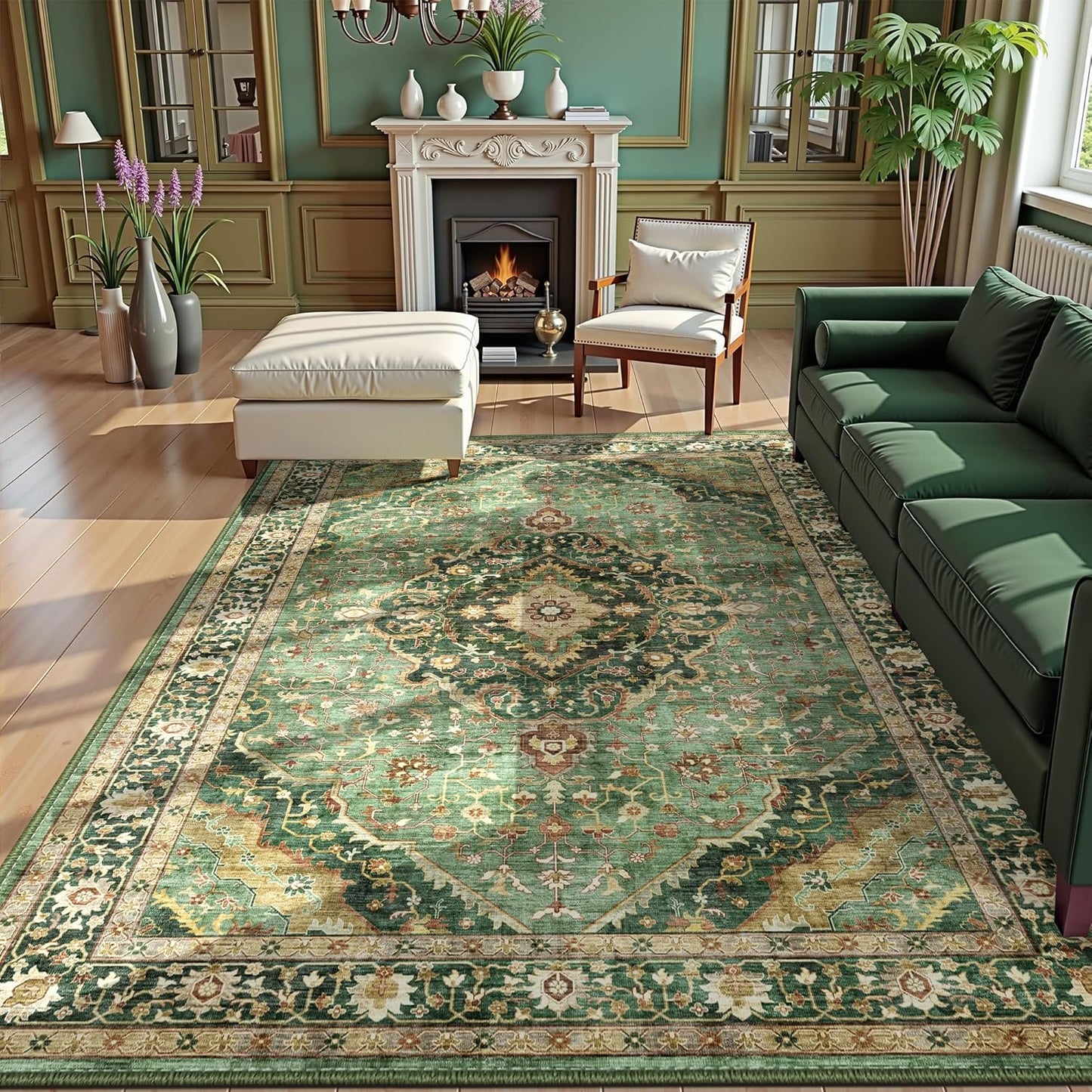 Green Rugs for Bedroom Area Rugs 5x7 Washable Rugs Boho Vintage Oriental Large Foldable Faux Wool Carpet for Living Room Nursery Room Dorm Kids Playroom Home Office