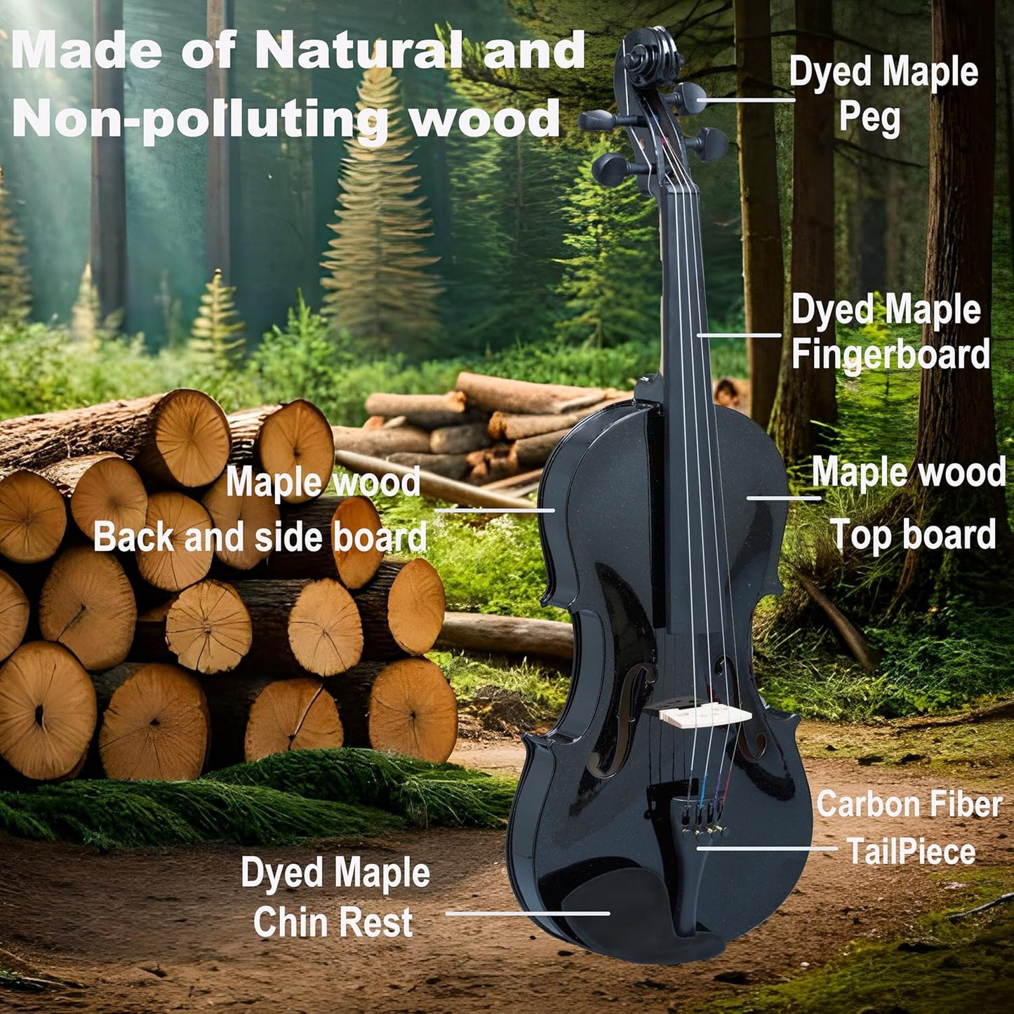 1/4 Fiddle Black Colored Premium Violin Outfit for Beginners Adults Kids With 5 Color Fingering Tape- Handcrafted Student Beginner Violin.(Black, 1/4)