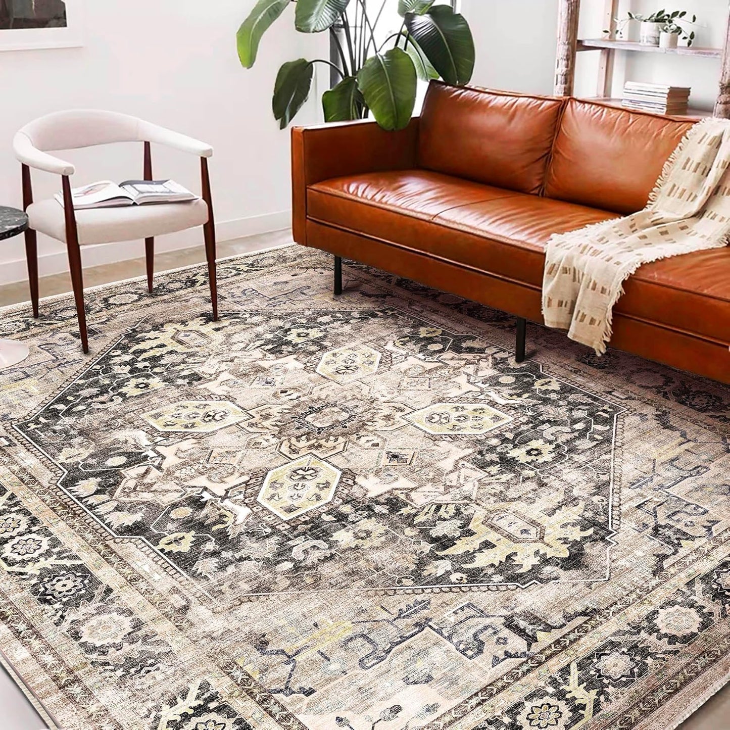 Washable Area Rug 10'x14' Black-Purple Khaki Retro Flowers Boho Design Non-Shedding Easy Care Ideal for High Traffic Areas in Living Room Bedroom Office Coffee Table Kitchen Large Carpet