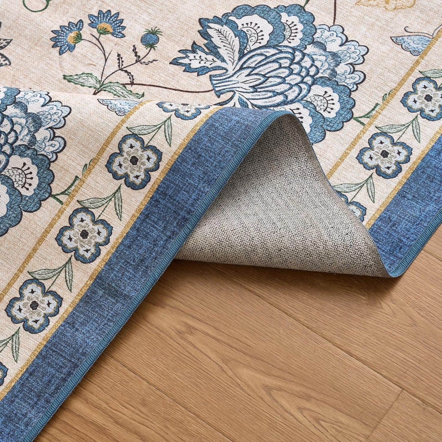 jinchan 6ft Floral Round Rug for Dining Room Washable Living Room Rug Vintage Romance Design Non Slip Indoor Floor Cover Lightweight Low-Profile Throw Carpet for Bedroom Porch Patio, Blue/Beige