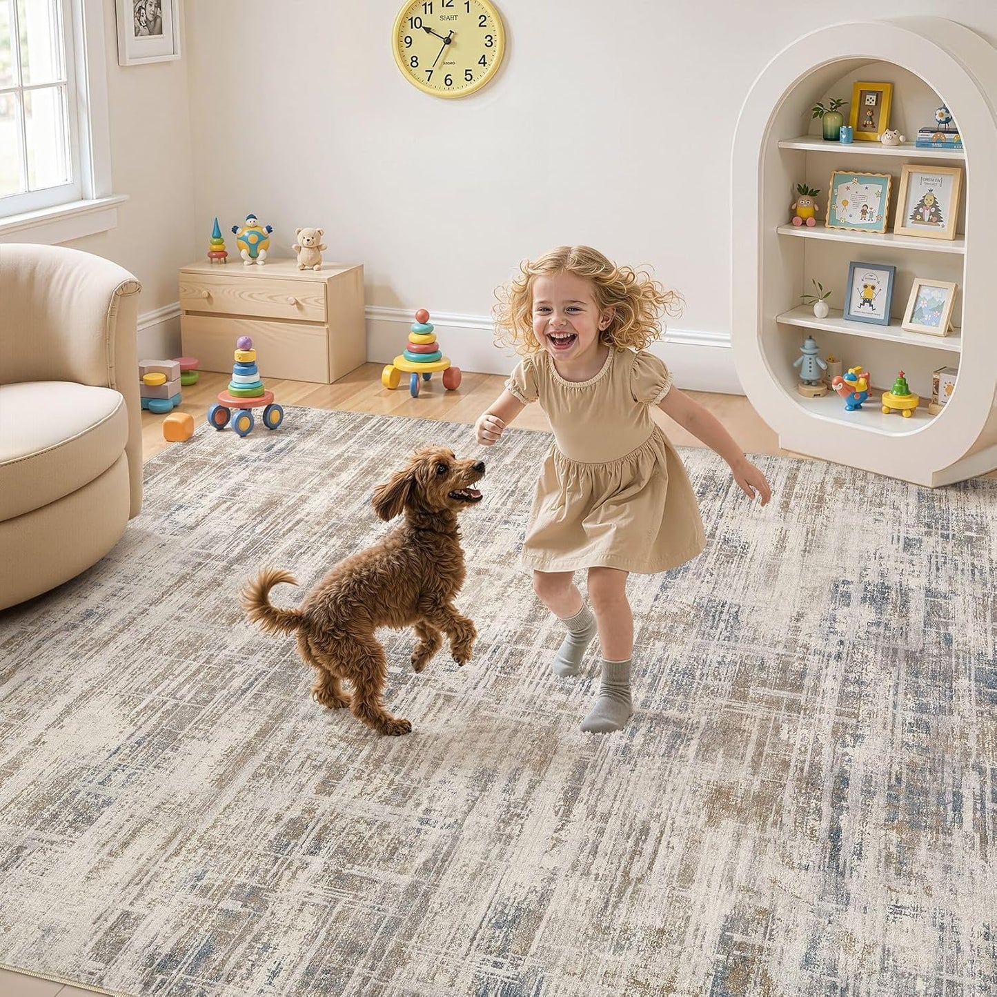 Area Rug for Living Room: 8x10 Washable Neutral Abstract Modern Soft Rugs Non Slip Indoor Floor Stain Resistant Large Carpet for Bedroom Dining Room Office Nursery - Brown