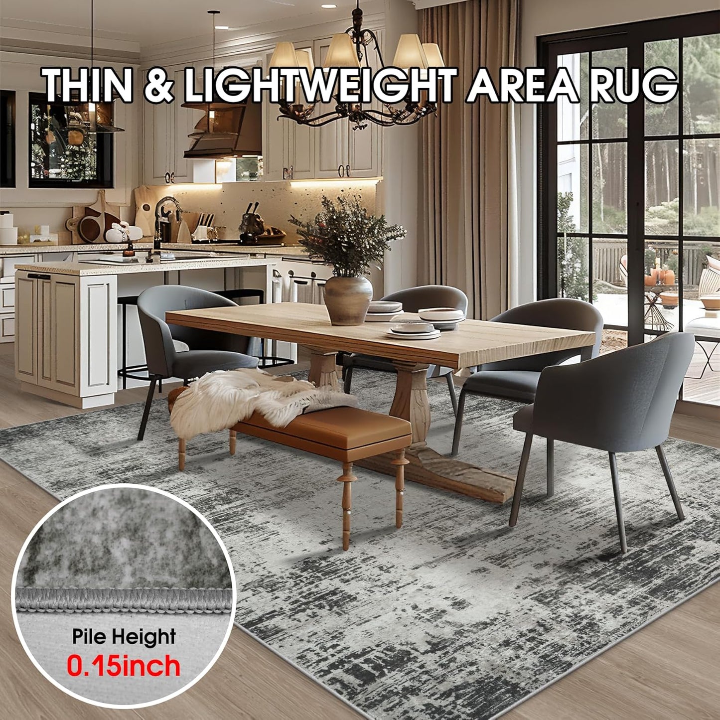 Washable Rug 6x9 Area Rugs, Abstract Washable Rugs with Non-Slip Backing, Stain Resistant Indoor Floor Carpet for Bedroom Dining Room Table Nursery Hallway Home Office-Black/Gray