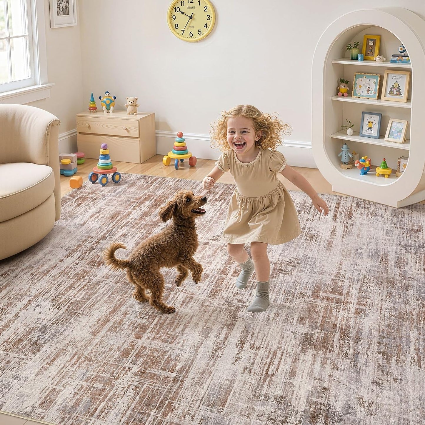 Area Rug for Living Room: 10x12 Washable Neutral Abstract Modern Soft Rugs Non Slip Indoor Floor Stain Resistant Large Carpet for Bedroom Dining Room Office Nursery - Red Brown
