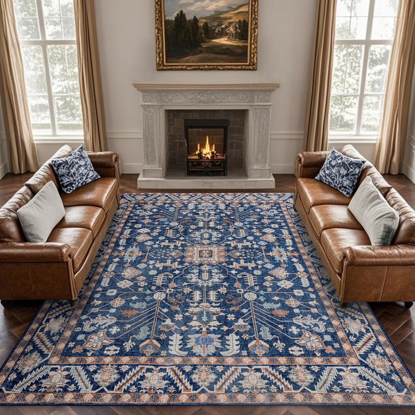 10x14 Area Rug Washable: Oriental Soft Area Rug for Living Room Bedroom No Shedding - Low Pile Thin Carpet Rug for Dining Room Non Slip - Boho Vintage Rug for Home Decor - Navy Blue