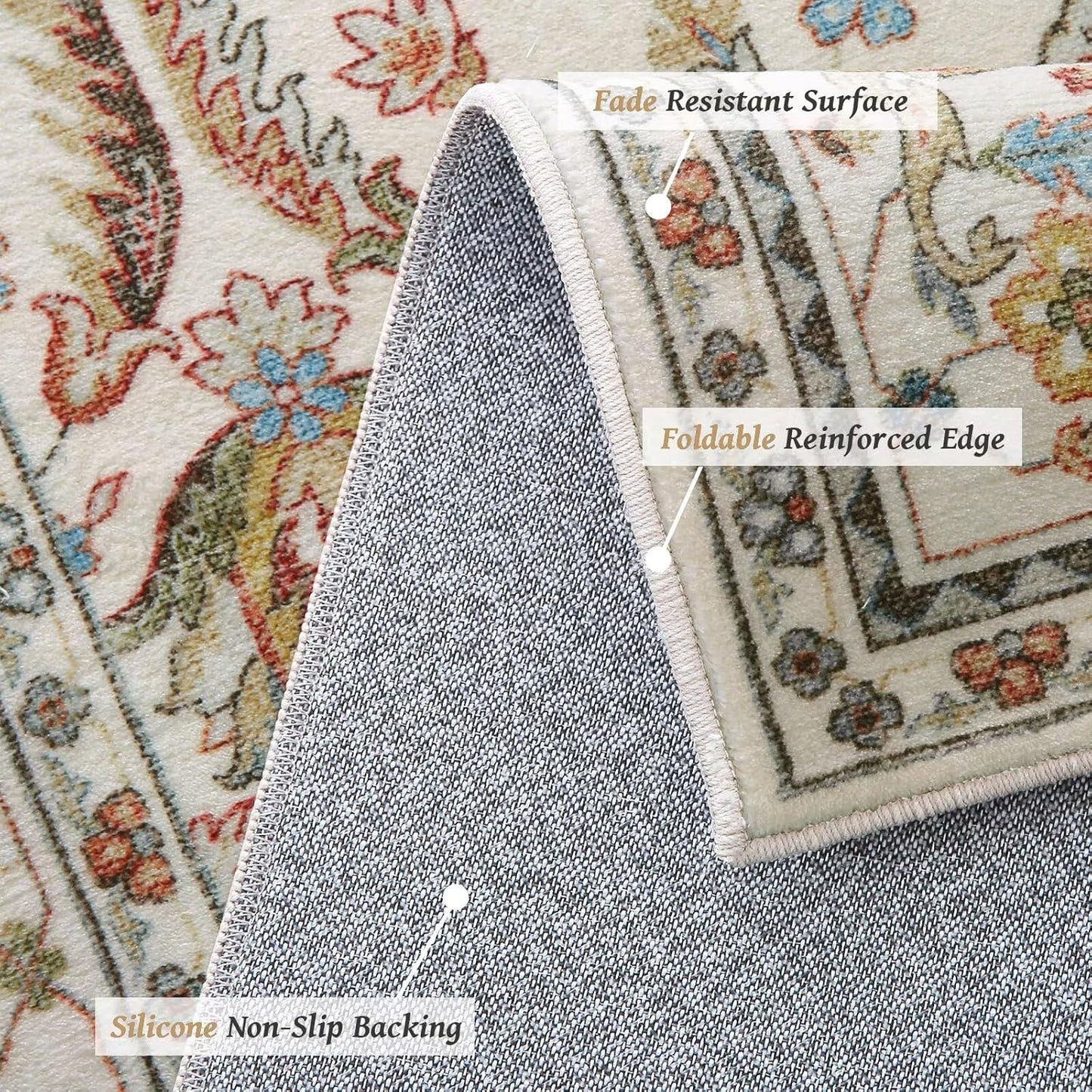 Washable 4x6 Rugs for Living Room, Boho Non-Slip Silicone Backing Small Rugs for Bedroom Nursery Office, 0.3" Neutral Oriental Throw Carpet with 0.16" Cushioning Pad, Light Beige/Multi
