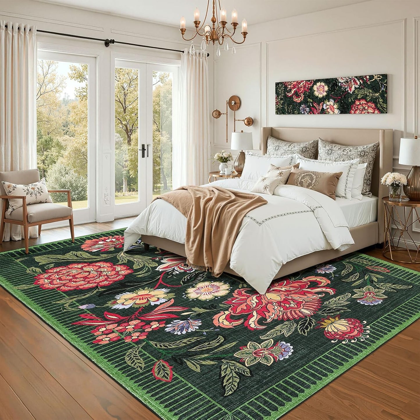 GarveeHome Forest Green Floral Botanical Washable 8x10 Rug for Living Room Soft Vintage Boho Cottage Large Rugs Low-Pile Carpet for Bedroom Dining Nursery Rug