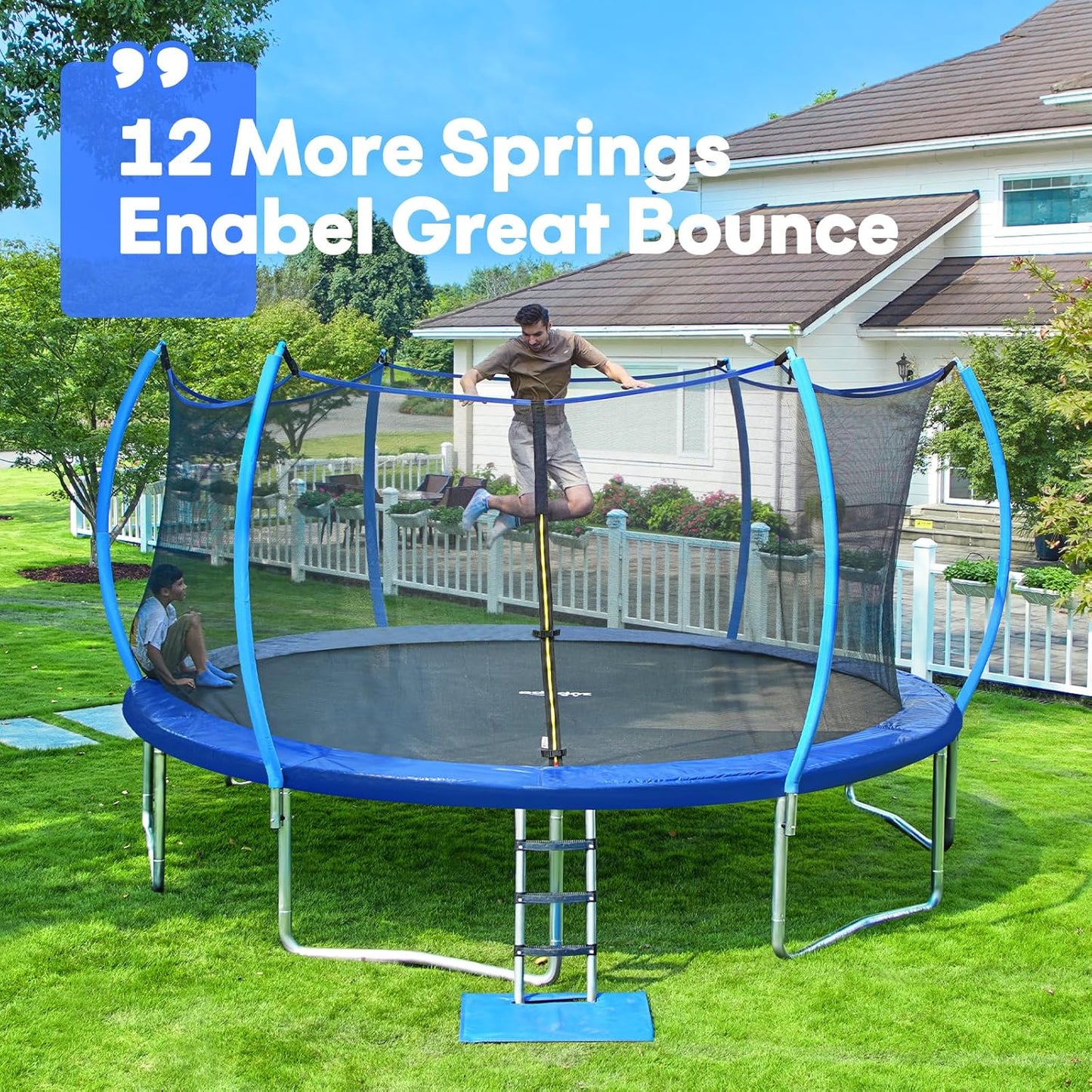 Zupapa 1500LBS Weight Capacity No-Gap Design Kids Trampoline 16FT 15FT 14FT 12FT 10FT Outdoor Safety Enclosure Trampolines with Non-Slip Ladder for Children, Adults & Family Backyard Fun