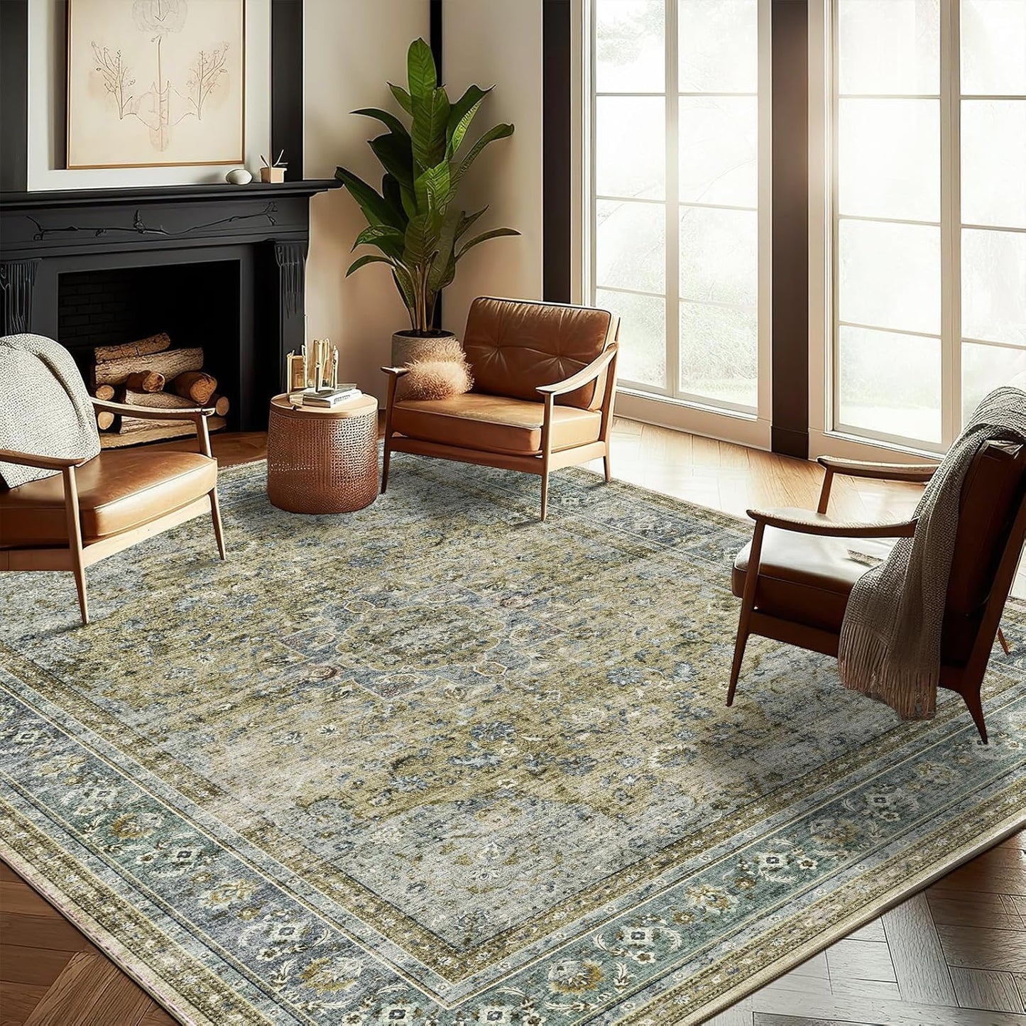 Washable Area Rug 9'x12' Boho Design Non-Shedding Easy Care Ideal for High Traffic Areas in Living Room Bedroom Office Coffee Table Kitchen Large Carpet