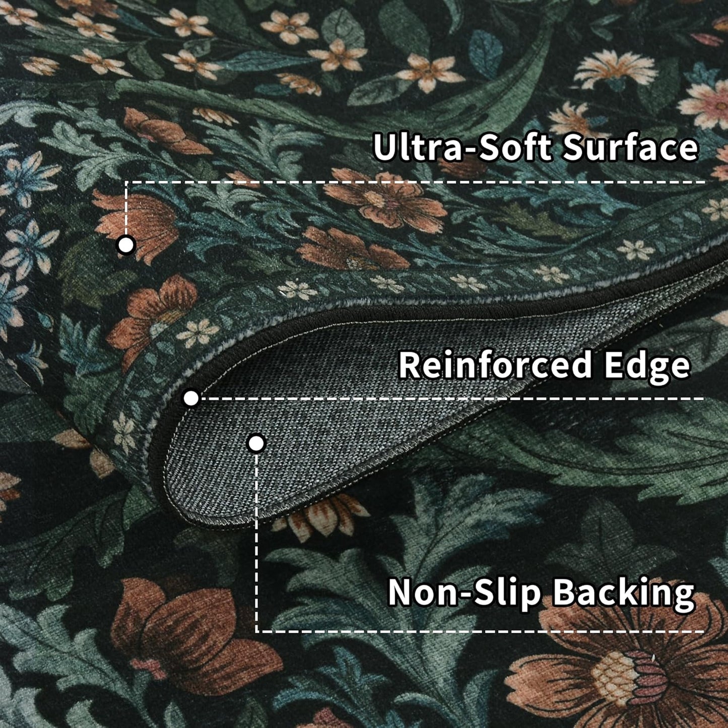 5×7 Black Washable Floral Area Rug,Vintage Boho Soft Low-Pile Living Room Rugs, Stain Resistant Botanical Non-Slip Carpet for Bedroom,Dining Room, Kids Nursery,Home Decor