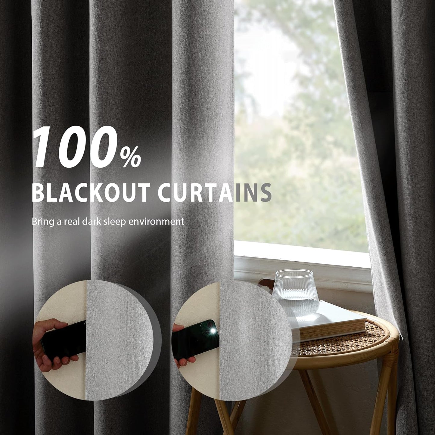NICETOWN 100% Absolutely Blackout Faux Linen Curtains with Thermal Insulated White Liner, Greyish White, W52, 2 Pieces, Noise Reducing Faux Linen Look Curtains for Windows 95" Length for Classroom