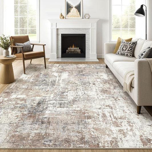 7x9 Area Rug Living Room: Machine Washable Large Abstract Modern Soft Rugs Stain Resistant Indoor Floor Non Slip Accent Carpet for Bedroom Nursery Playroom Office Dining Room Dorm Home House- Brown