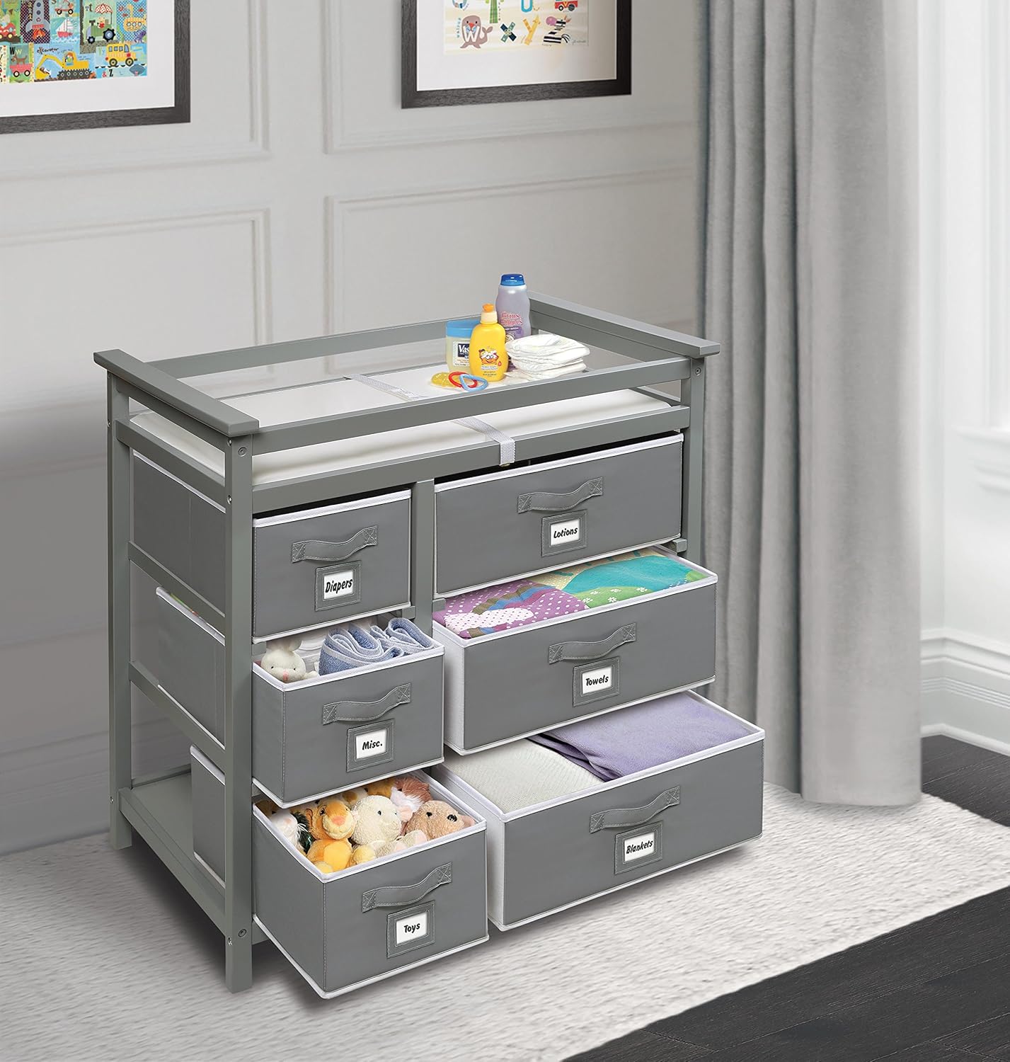Badger Basket Modern Baby Changing Table - Diaper Station Organizer with 6 Storage Drawers, Reversible Baskets, Safety Rails - Baby Nursery Furniture with Changing Pad and Belt - Gray