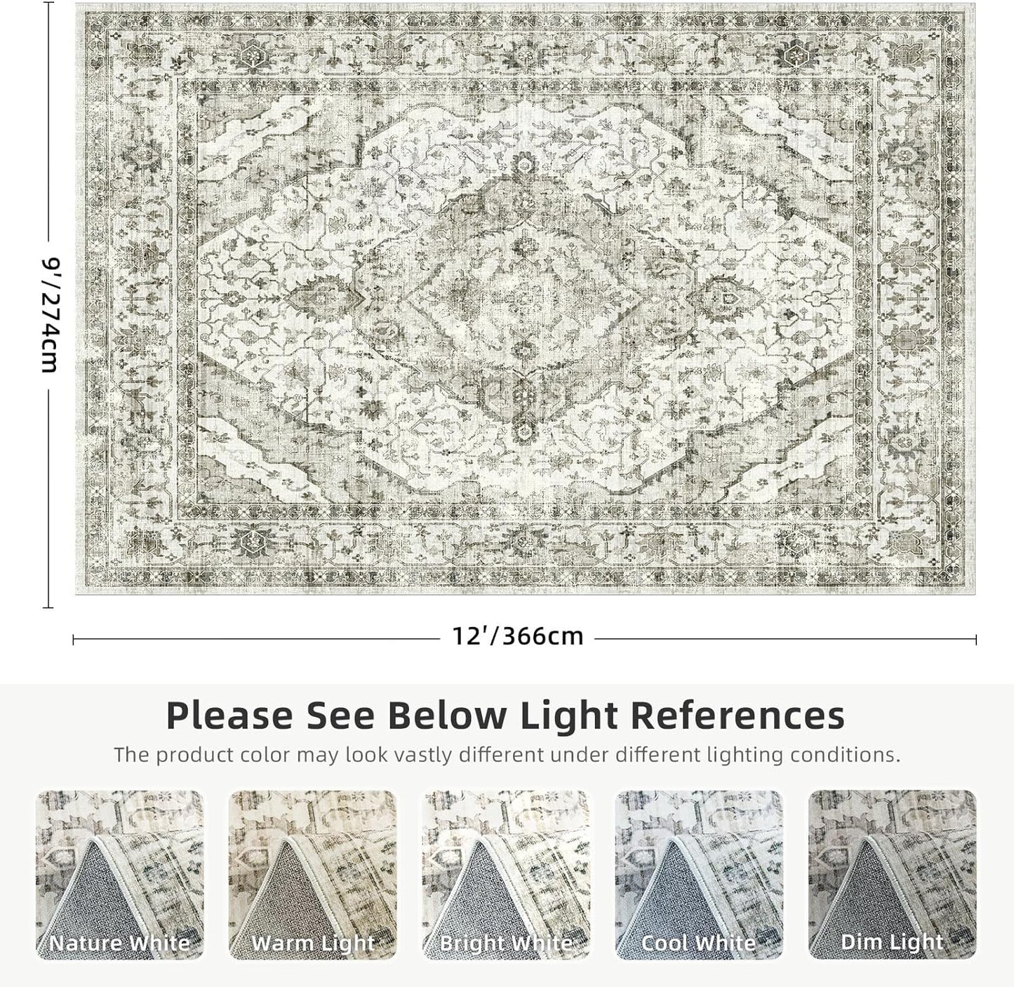 Boho Area Rug - 9x12 Distressed, Non Slip Washable, Large for Living Room, Bedroom, Dining Room, Office - Floor Decoration (Cream)