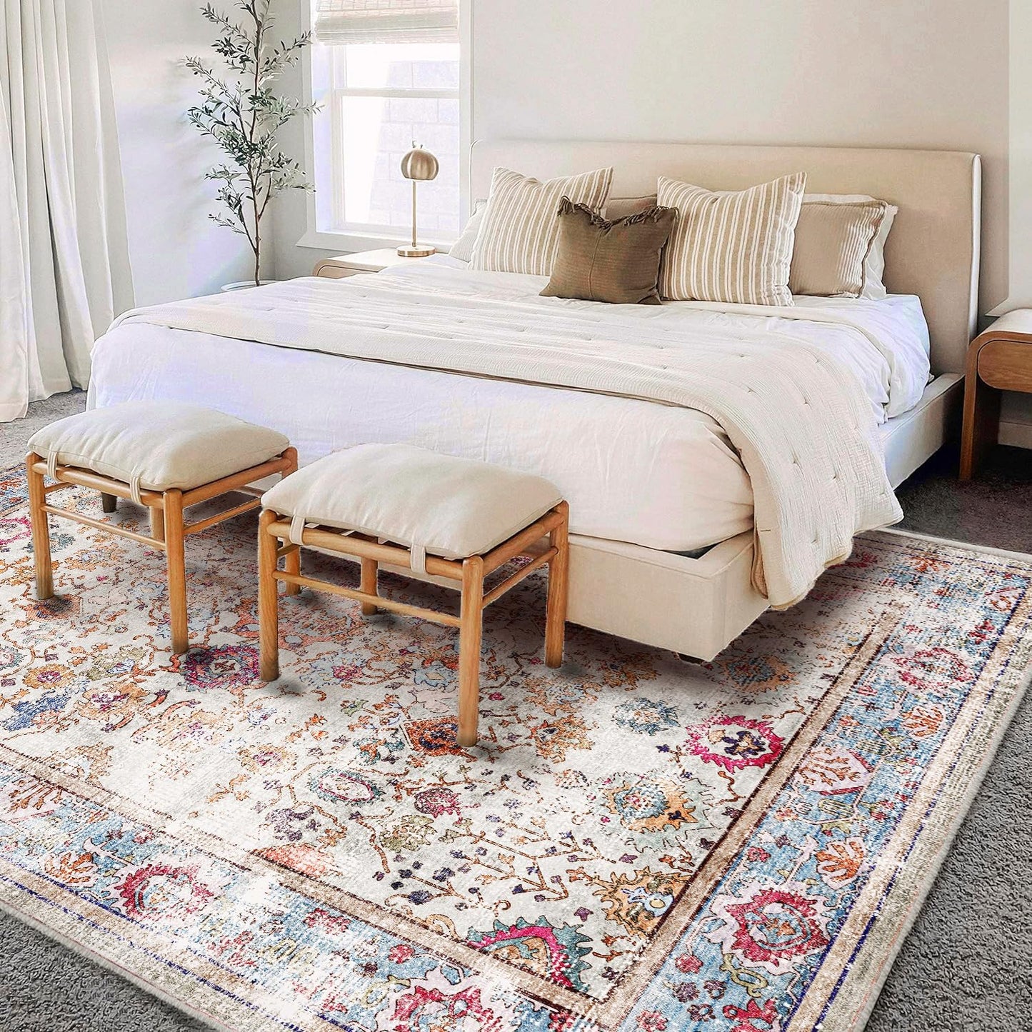 Washable 10'x14' Area Rug Vintage Traditional Distressed Indoor Foldable Thin Retro Accent Floral Non Slip Carpet Living Room Dining Room Office