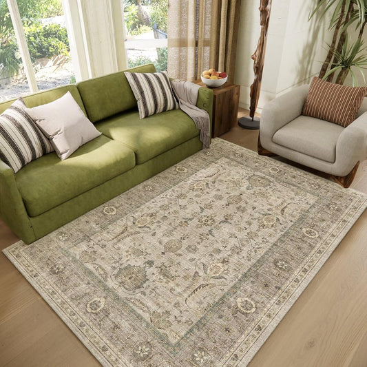 Washable 4x6 Rugs for Living Room, Boho Non-Slip Silicone Backing Small Rugs for Bedroom Nursery Office, 0.3" Neutral Oriental Throw Carpet with 0.16" Cushioning Pad, Light Brown/Multi