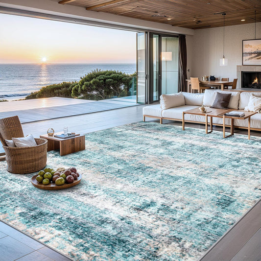 Area Rugs 10x14 Living Room - Washable Rug Modern Abstract Soft Large Neutral Non-Slip Carpet Indoor Floor Thin Carpets for Bedroom Dining Room Farmhouse Nursery Home Office Green