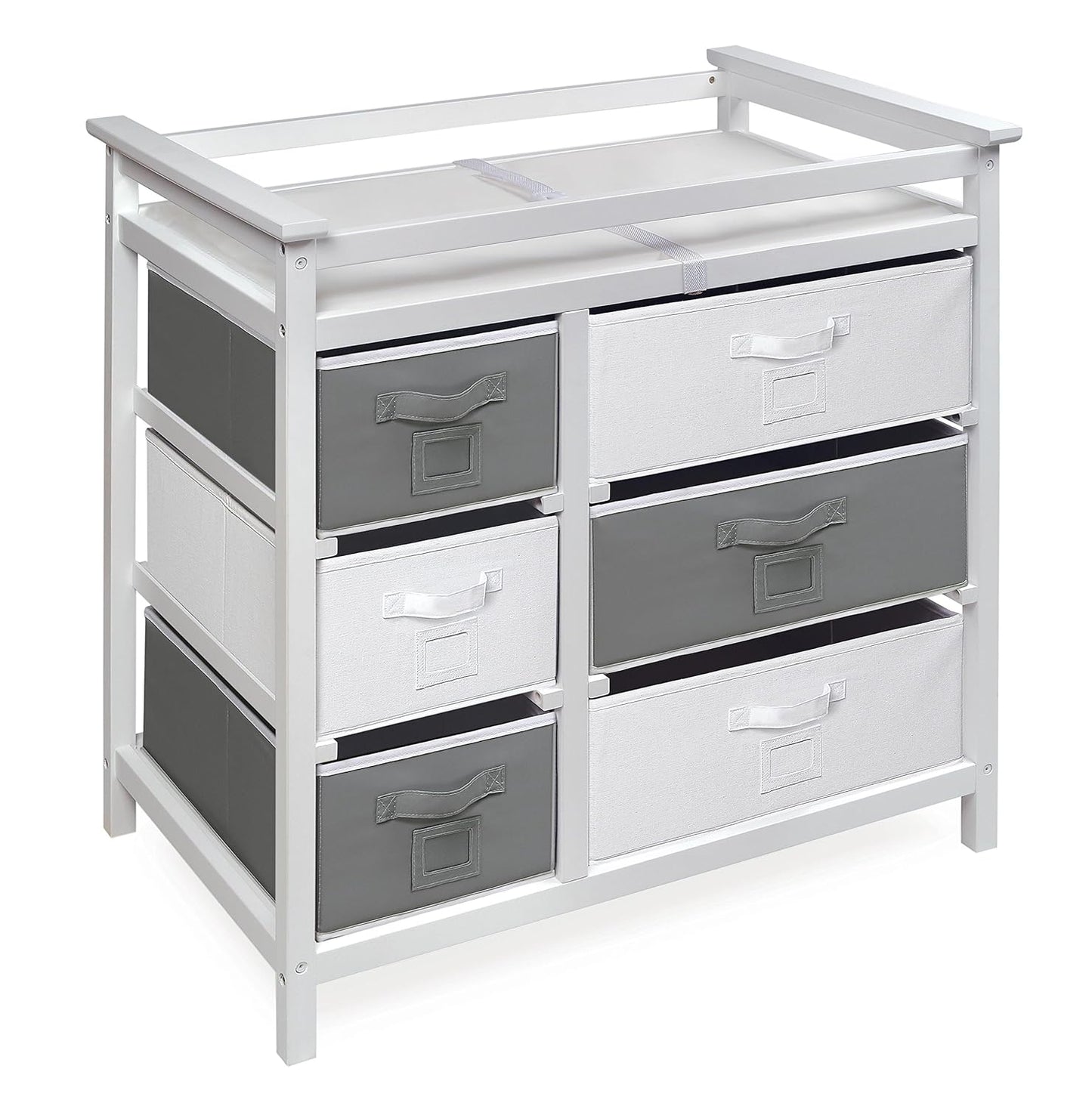Badger Basket Modern Baby Changing Table - Diaper Station Organizer with 6 Storage Drawers, Reversible Baskets, Safety Rails - Baby Nursery Furniture with Changing Pad and Belt - White