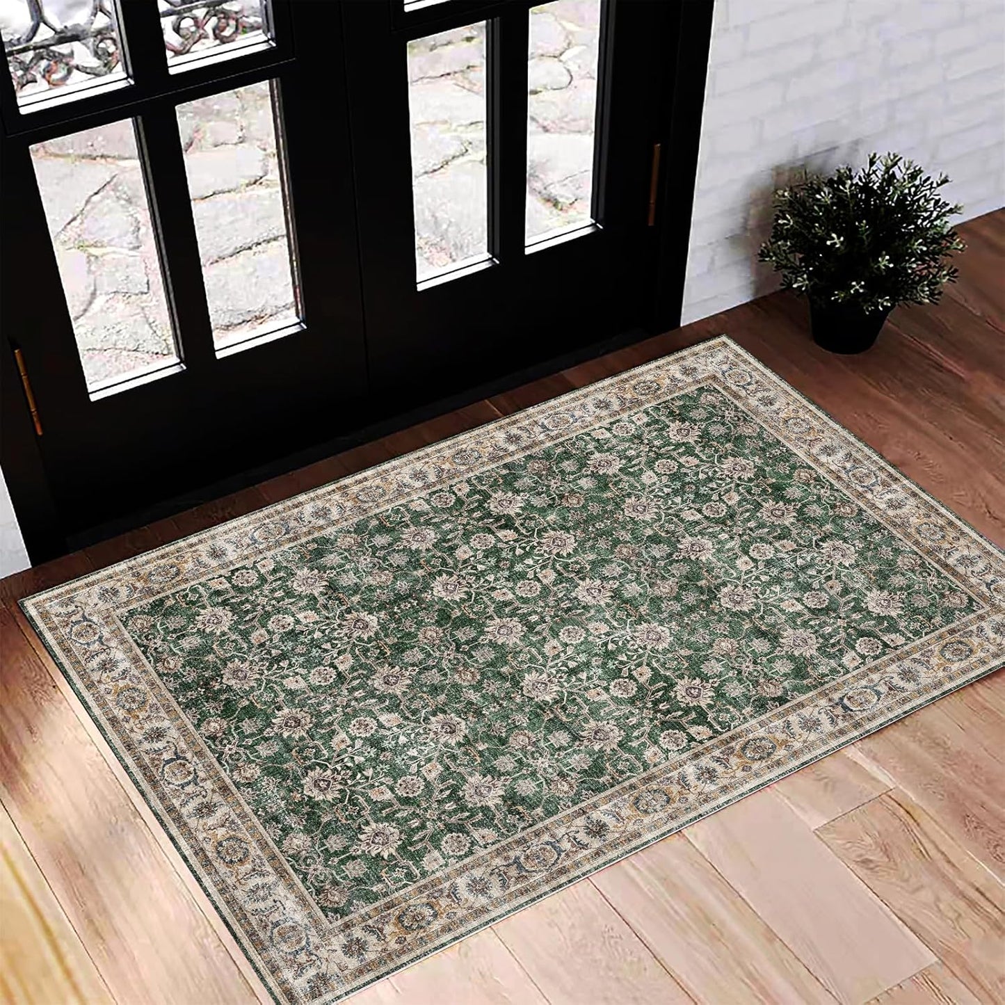 Washable Area Rug 2'x3' Door Mat Vintage Distressed Doormat Indoor Entrance Traditional Thin Rug Floral Print Non Slip Carpet for Kitchen Bathroom Bedroom Living Room