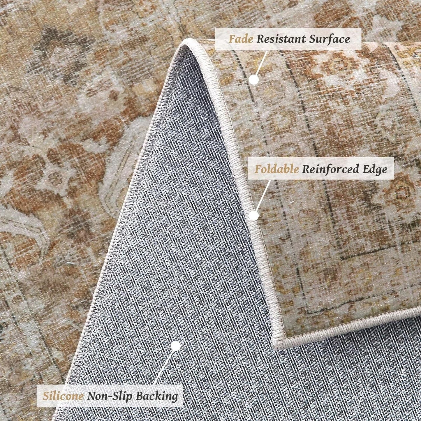 Washable 5x7 Area Rugs for Living Room, Boho Non-Slip Silicone Backing Rugs for Bedroom Dining Room Nursery Office, 0.3" Neutral Oriental Throw Carpet with 0.16" Cushioning Pad, Brown/Multi