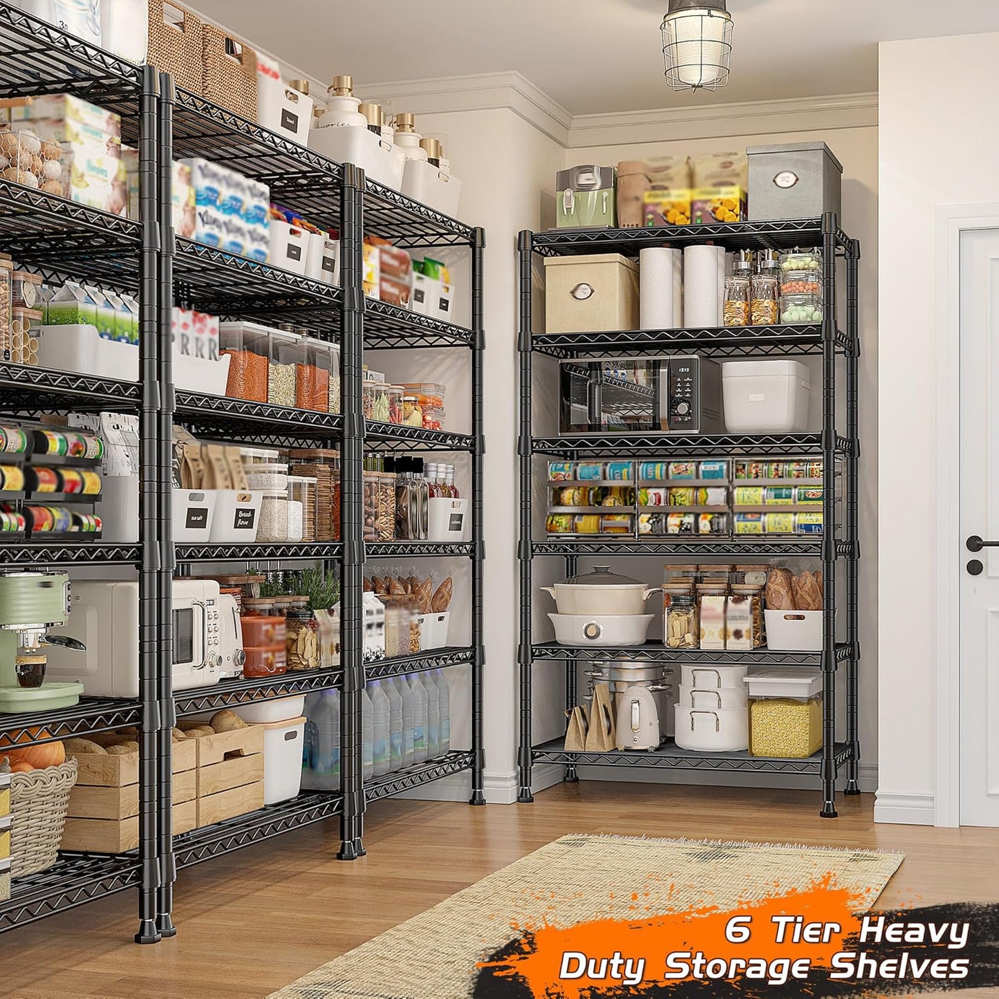 REIBII 6-Tier Metal Shelving Unit Storage Shelves, Sturdy Wire Shelving Adjustable Deep Pantry Shelves Load 800LBS Storage Rack for Kitchen Pantry Closet, Keep Organized, 2 Pack
