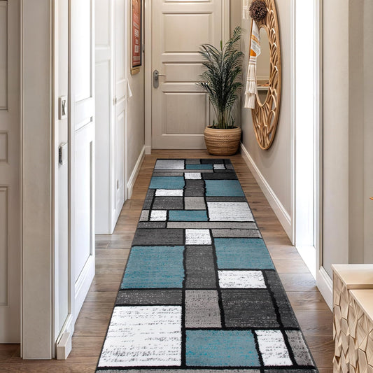 Rugshop Contemporary Modern Boxes for Home Office,Living Room,Bedroom,Kitchen Non Shedding Runner Rug 2'7" x 10' Blue