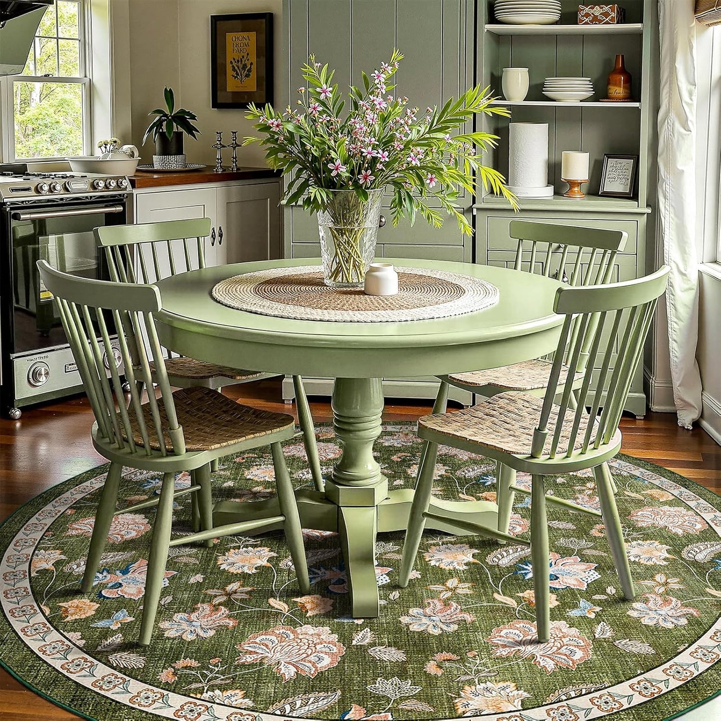 jinchan 7ft Floral Round Rug for Dining Room Washable Living Room Rug Vintage Romance Design Non Slip Indoor Floor Cover Lightweight Low-Profile Throw Carpet for Bedroom Porch Patio, Green