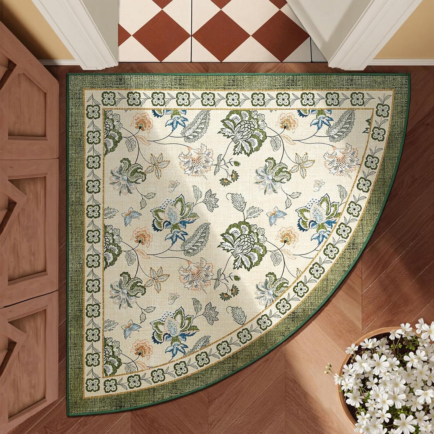 jinchan Floral Corner Rug for Entryway Washable Kitchen Rug Vintage Romance Design Non Slip Quarter Circle Lightweight Low-Pile Throw Carpet for Playroom Reading Nook Nursery, 4ft Radius, Green/Beige