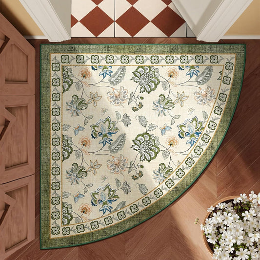 jinchan Floral Corner Rug for Entryway Washable Kitchen Rug Vintage Romance Design Non Slip Quarter Circle Lightweight Low-Pile Throw Carpet for Playroom Reading Nook Nursery, 4ft Radius, Green/Beige