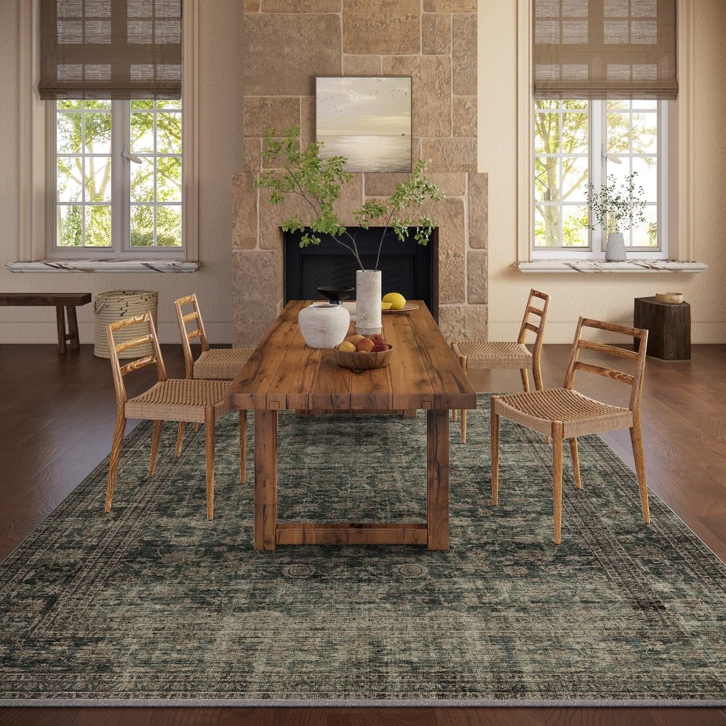 Washable Living Room Area Rug: 5x7 Rugs for Bedroom Vintage Stain Resistant Non Slip Low Pile Lightweight Boho Carpet for Kitchen Dining Room Farmhouse Kids Room Nursery