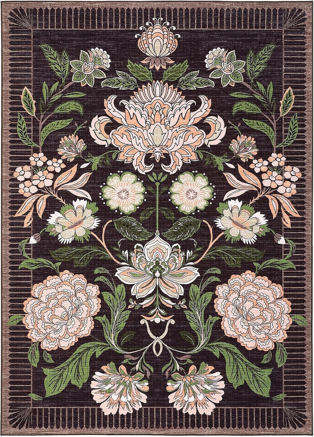 GarveeHome Plum Pink Floral Botanical Washable 5x7 Rug for Living Room, Black Purple Vintage Boho Cottage Throw Rugs Low Pile Carpet for Bedroom Dining Nursery Rug