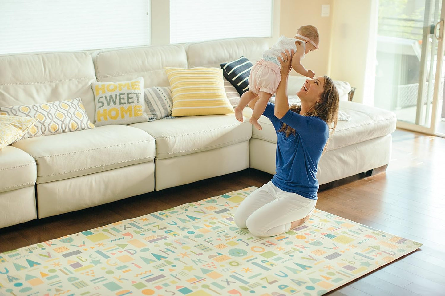 Baby Care Play Mat (Large, Sea Petals - Grey) 82'' x 55'' Original One-Piece Reversible Rollable Waterproof Play Mat for Infants, Babies, Toddler, and Kids