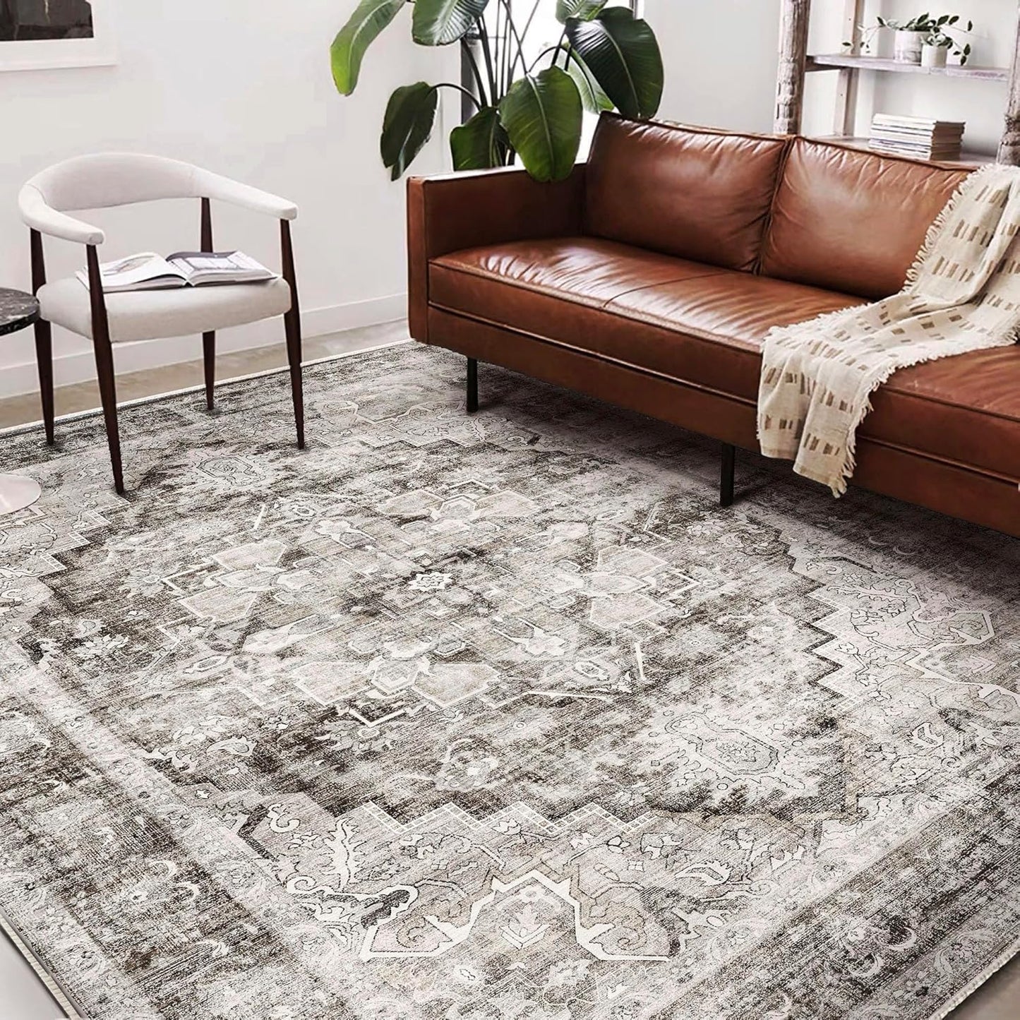 Washable Area Rug 10'x14' Deep Khaki Retro Flowers Boho Design Non-Shedding Easy Care Ideal for High Traffic Areas in Living Room Bedroom Office Coffee Table Kitchen Large Carpet