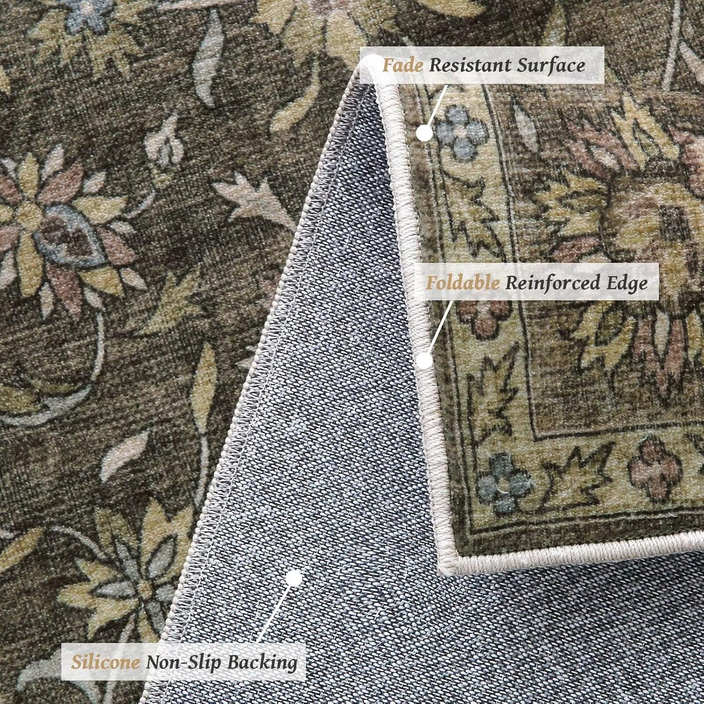 Washable 4x6 Rugs for Living Room, Boho Non-Slip Silicone Backing Small Rugs for Bedroom Nursery Office, 0.3" Neutral Oriental Throw Carpet with 0.16" Cushioning Pad, Flaxen/Multi
